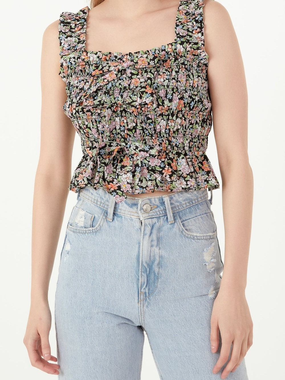 Free the Roses Black Floral Smocked Crop Tank